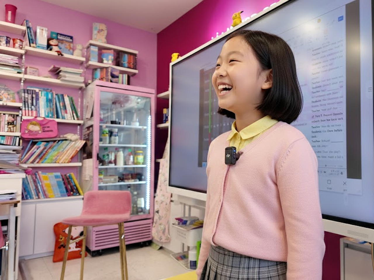 전자 칠판 앞에서 설명하는 초등학생