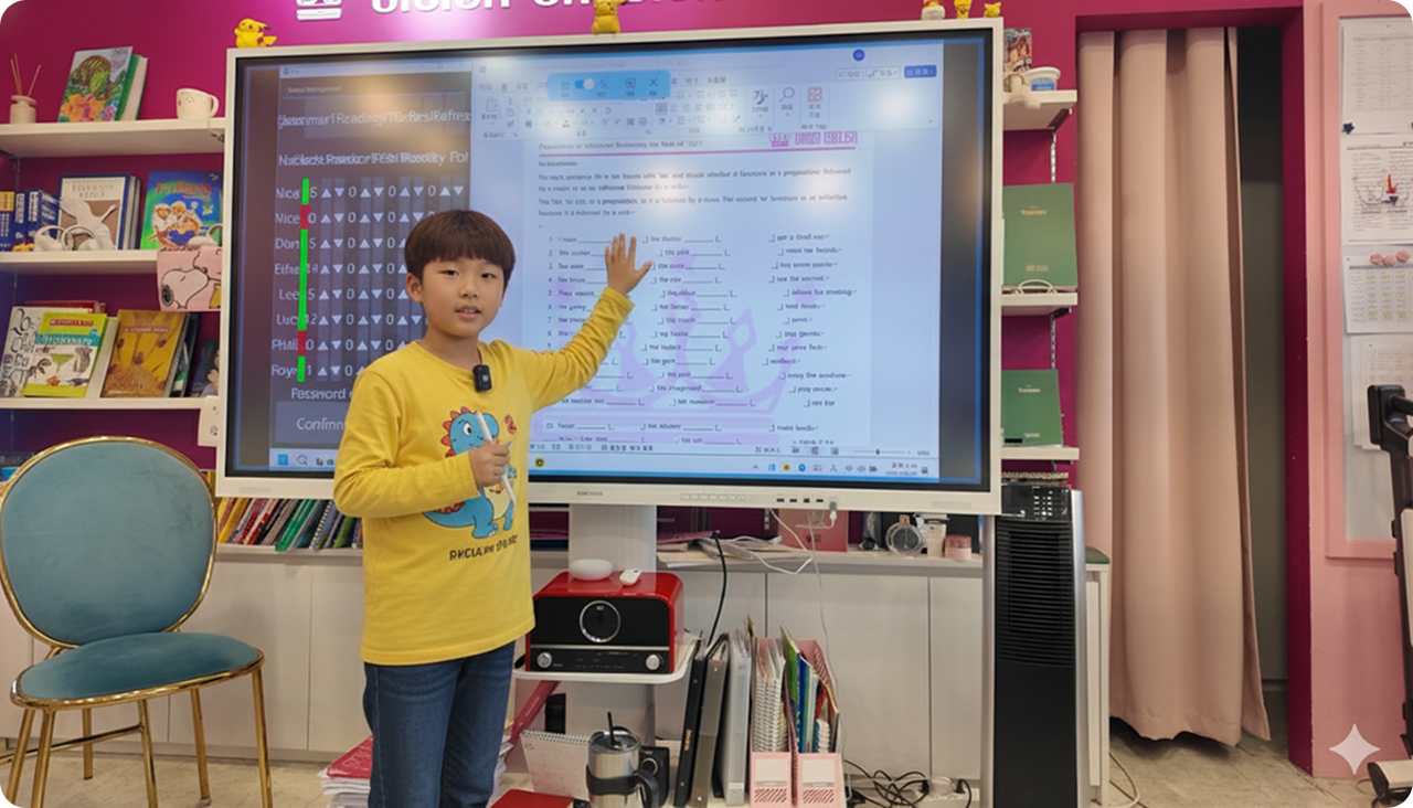 학생이 전자 칠판 앞에서 영문법을 설명하는 모습